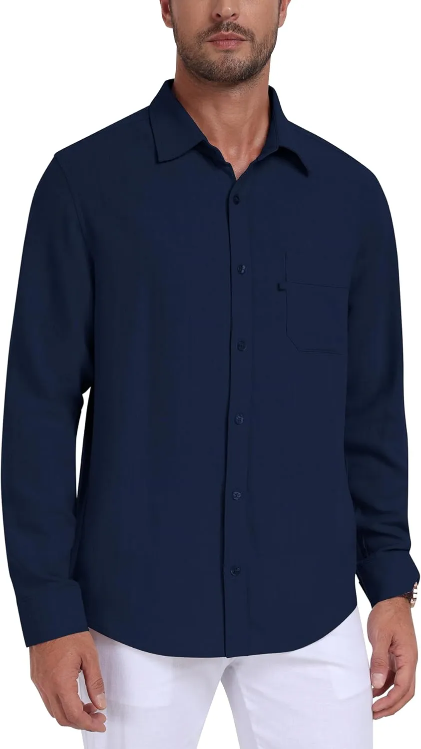 MoFiz Mens Button Down Shirts Long Sleeve Casual Linen Shirts with Pockets Beach Vacation Spring Shrits