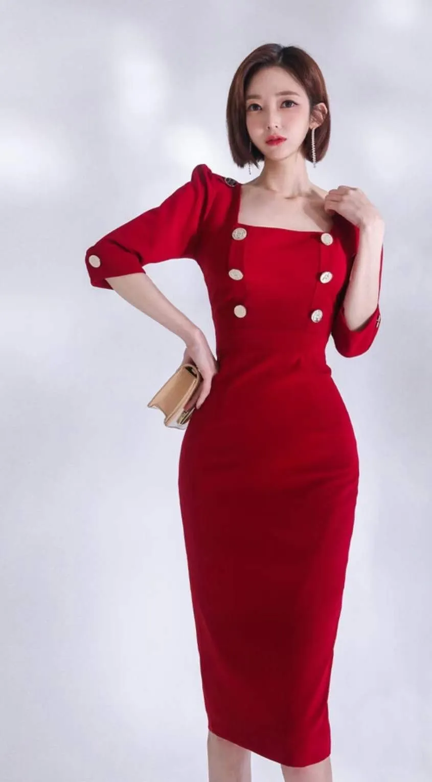 Mono Square Neck Buttons Straight Dress