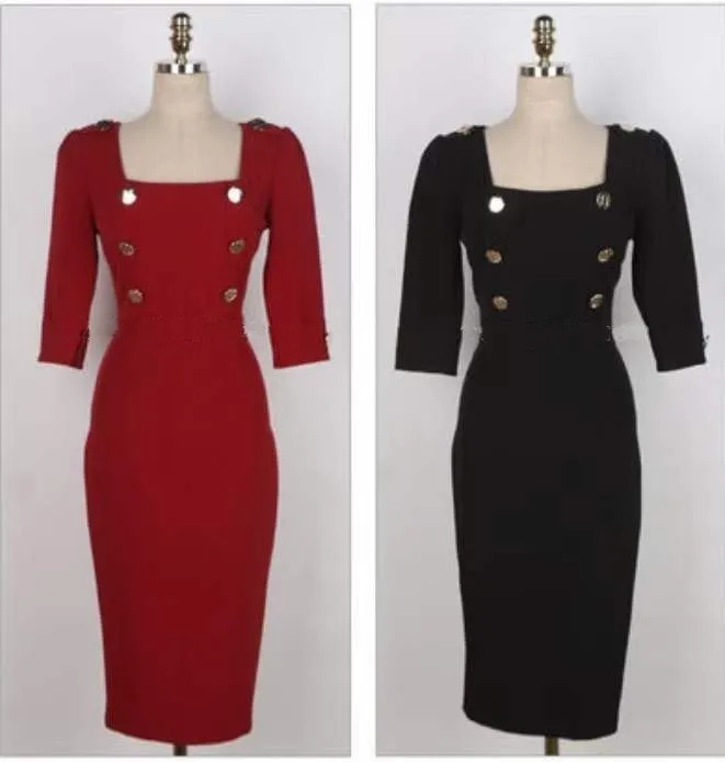 Mono Square Neck Buttons Straight Dress