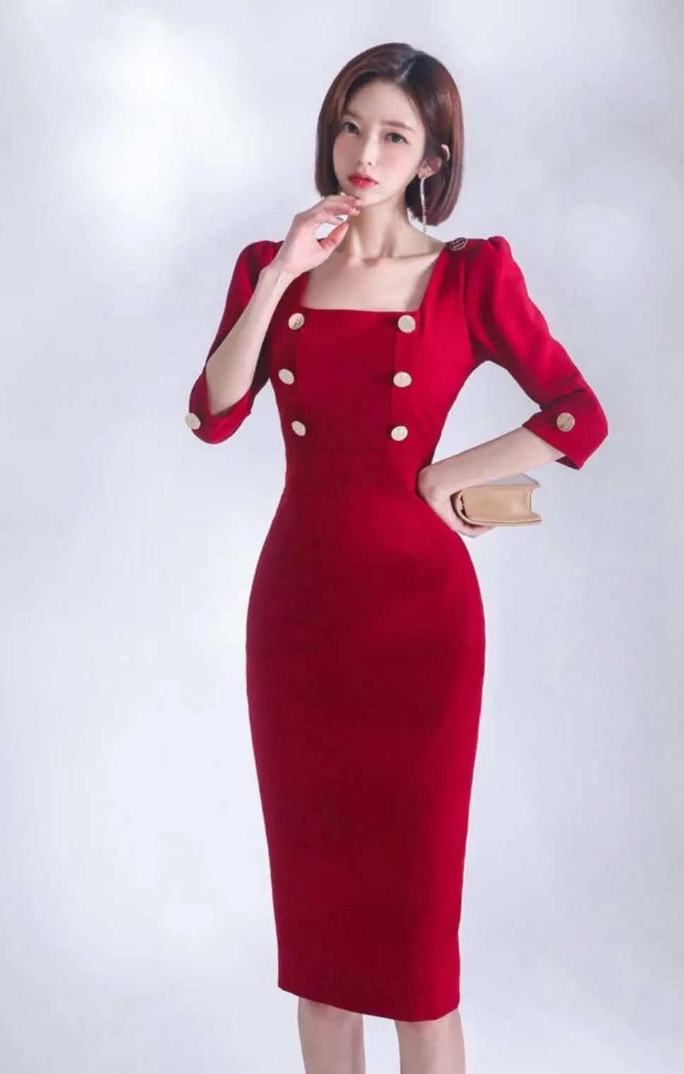 Mono Square Neck Buttons Straight Dress