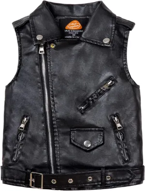 Mud Kingdom Kids Boys Faux Leather Motorcycle Vests PU Sleeveless Zipper Multi-pocket Fashion
