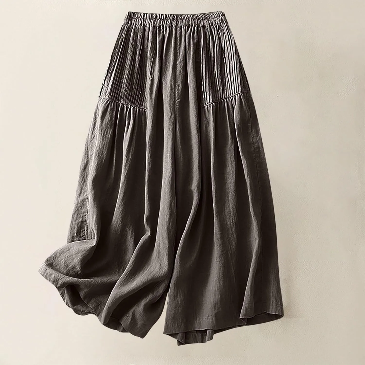 Mzkdieey Cotton Linen Palazzo Pants for Women Culottes Dressy Summer Wide Leg Pleated Flowy Pants Boho Casual Beach Trousers