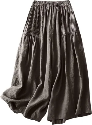 Mzkdieey Cotton Linen Palazzo Pants for Women Culottes Dressy Summer Wide Leg Pleated Flowy Pants Boho Casual Beach Trousers