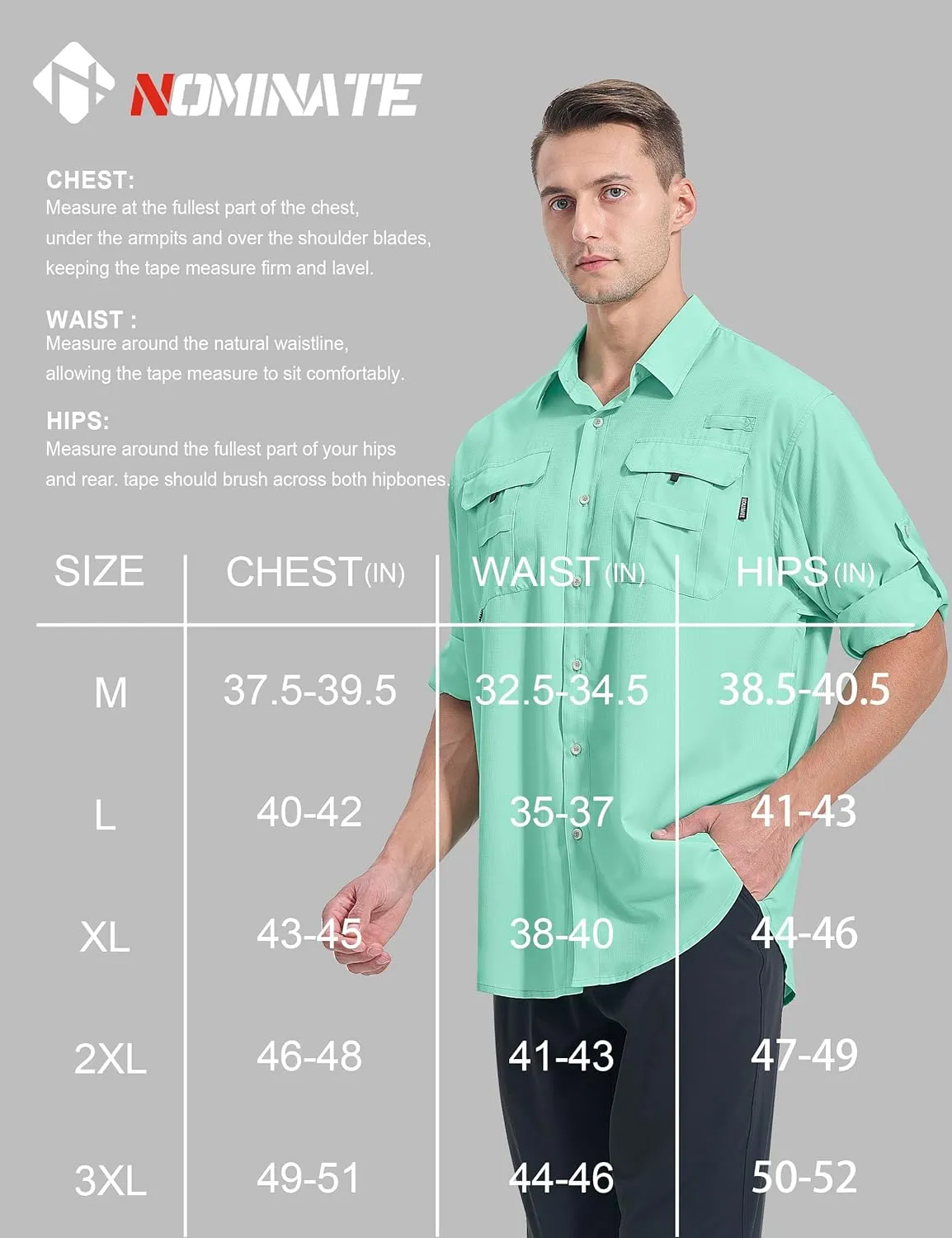 NOMINATE Mens Long Sleeve Fishing Shirts UPF 50  UV Protection Sun Shirts Quick Drying Hiking Lightweight