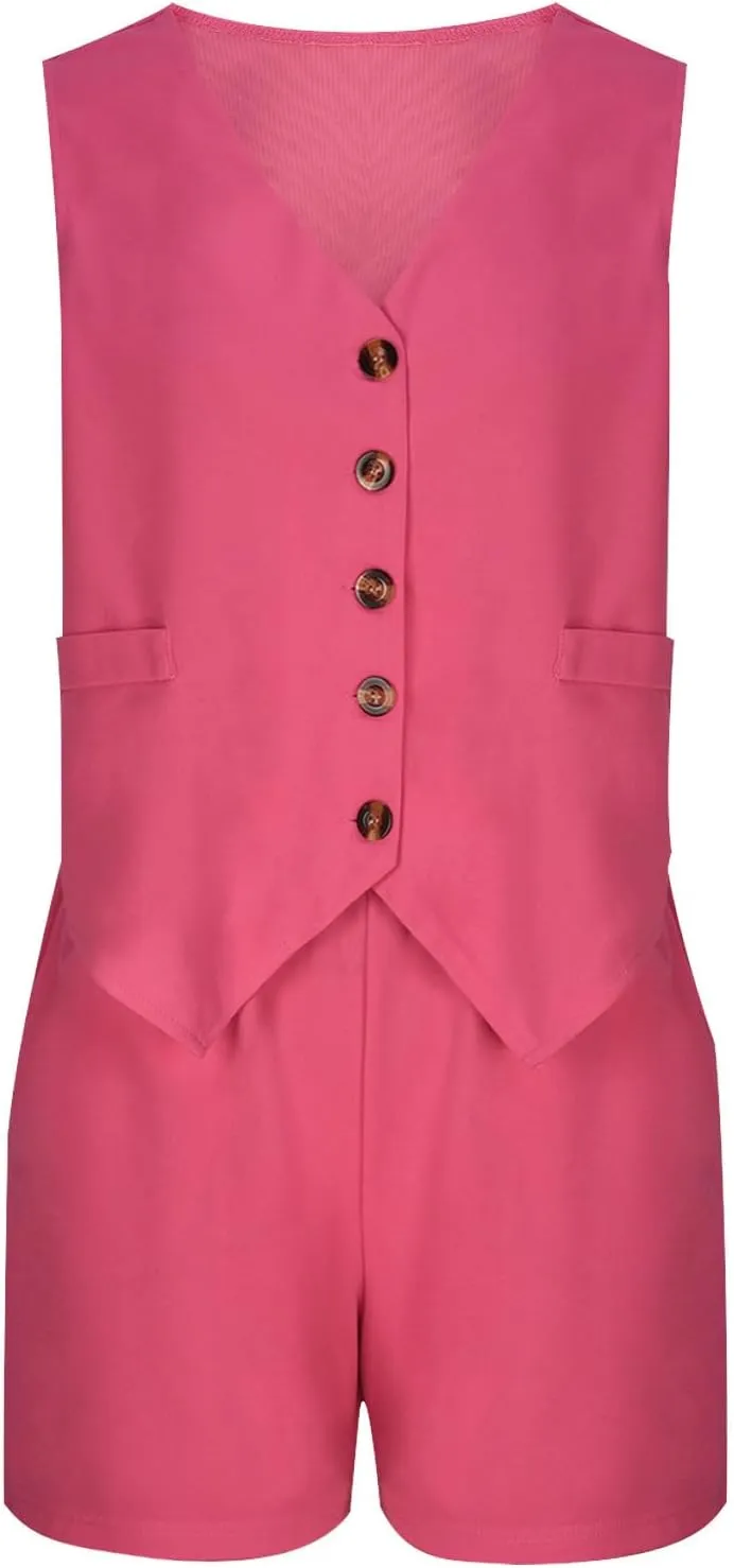 Oplxuo Womens Summer 2 Piece Sets V Neck Sleeveless Button Down Blazer Vest and High Waisted Work Suit Short Set