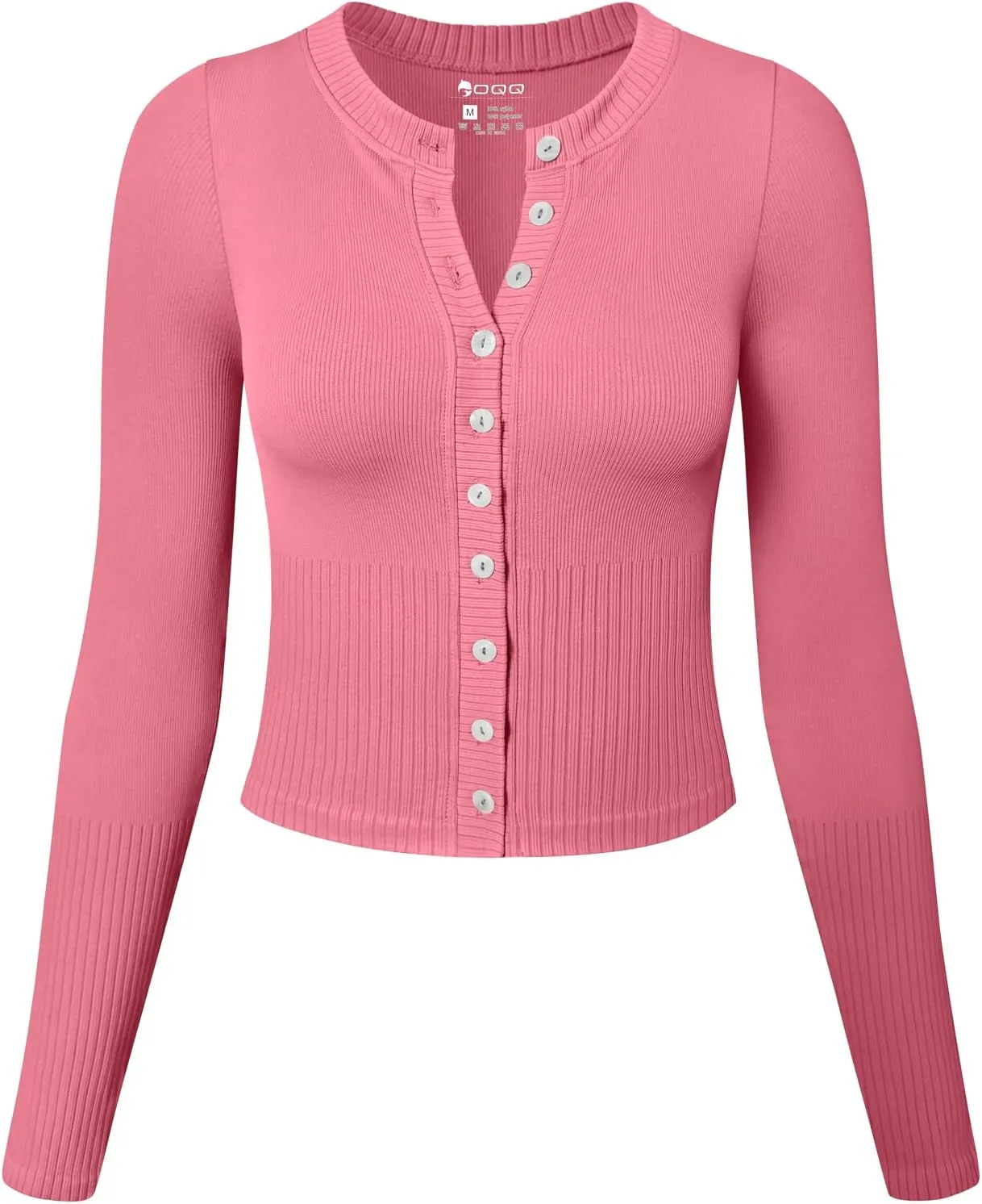 OQQ Womens Long Sleeve Shirts Crew Neck Button Knit Stretch Casual Basic Tops Fitted Tee Shirts