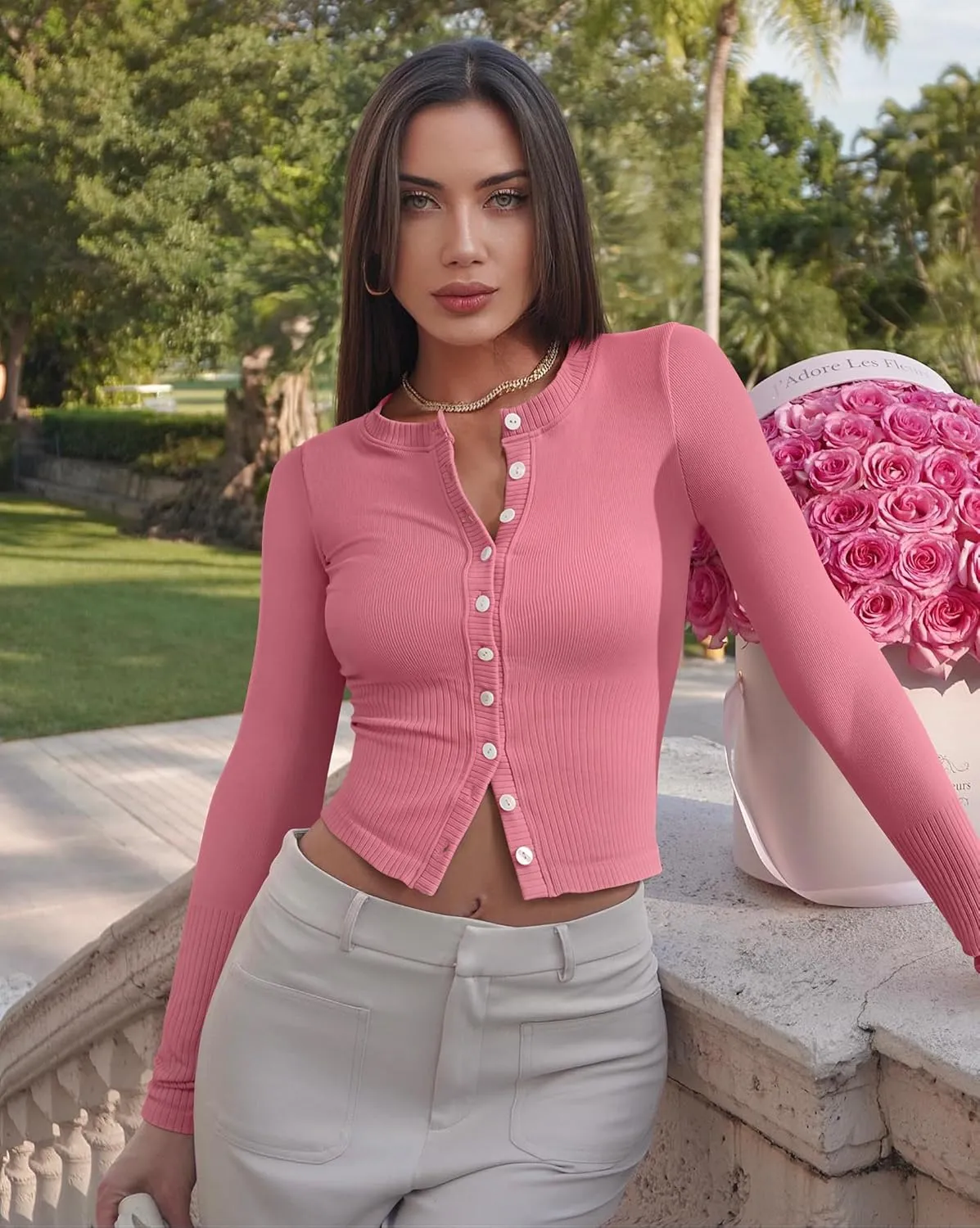 OQQ Womens Long Sleeve Shirts Crew Neck Button Knit Stretch Casual Basic Tops Fitted Tee Shirts