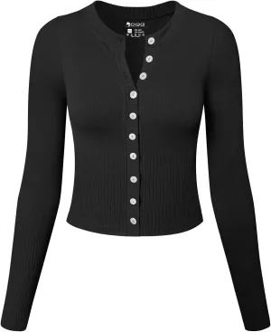 OQQ Womens Long Sleeve Shirts Crew Neck Button Knit Stretch Casual Basic Tops Fitted Tee Shirts