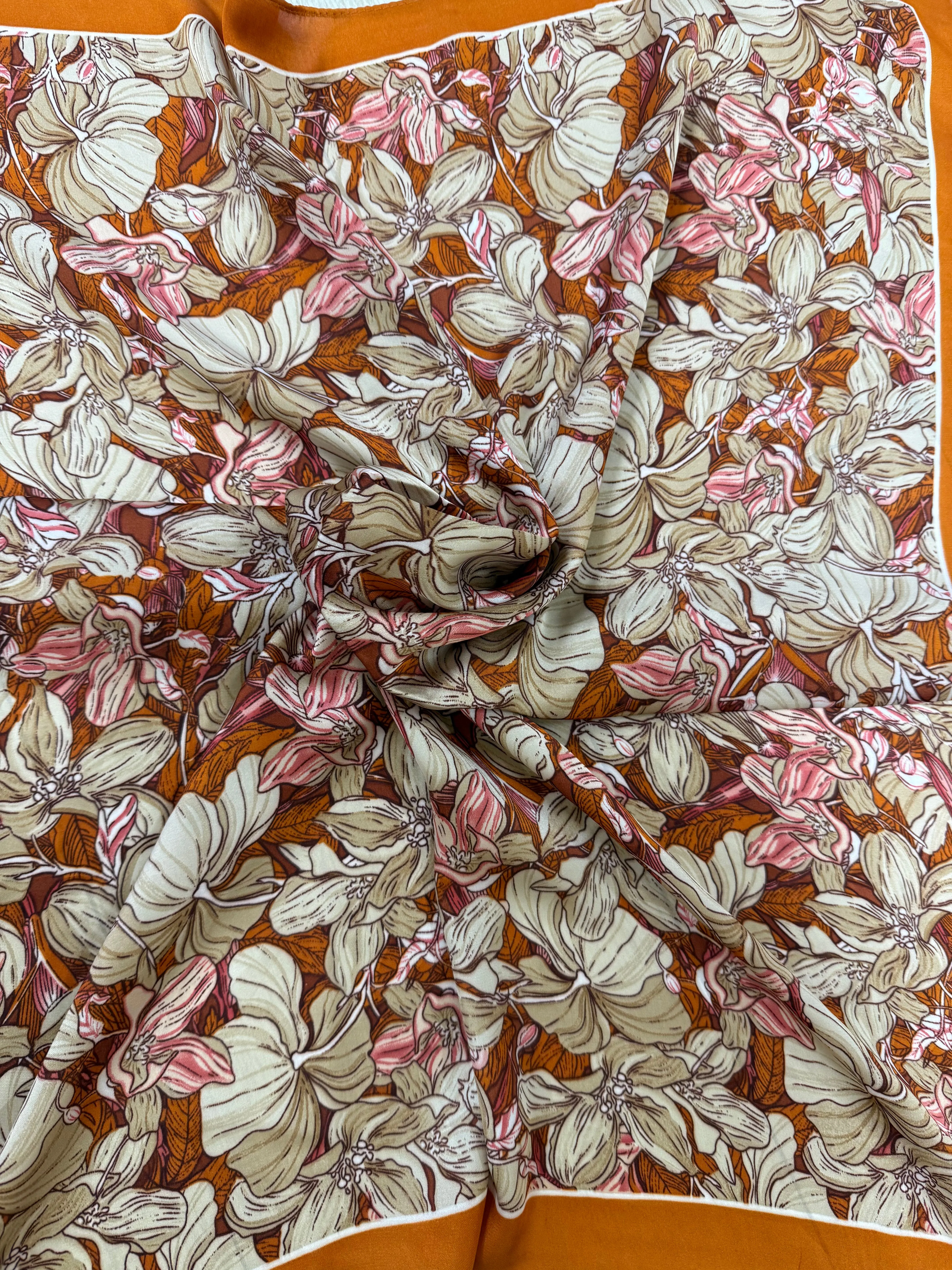 Orange border floral silky scarf