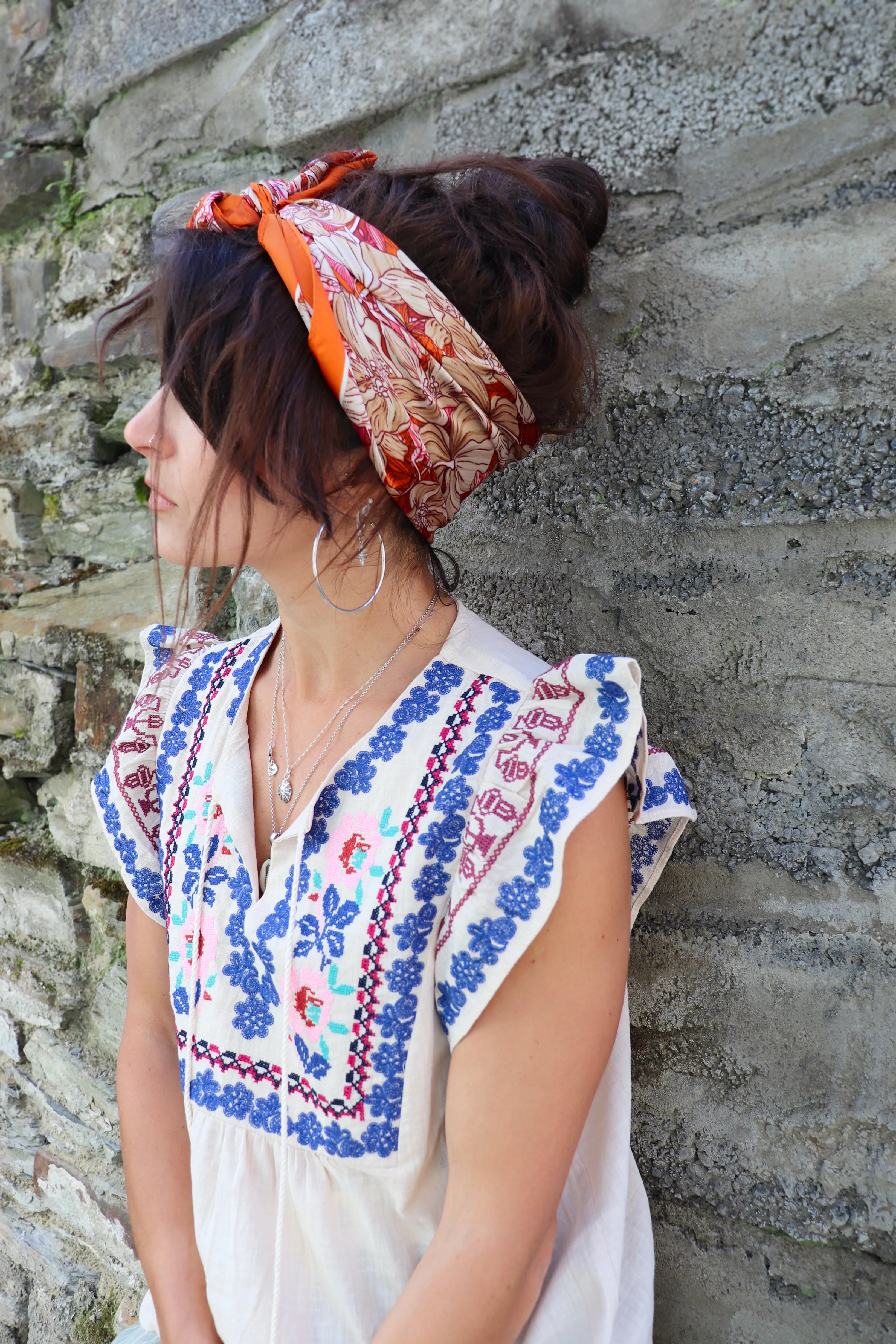 Orange border floral silky scarf