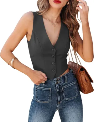 Orchidays Women's Business V Neck Sleeveless Vests Fully Lined Button Up Regular Fitted Jacket Waistcoats