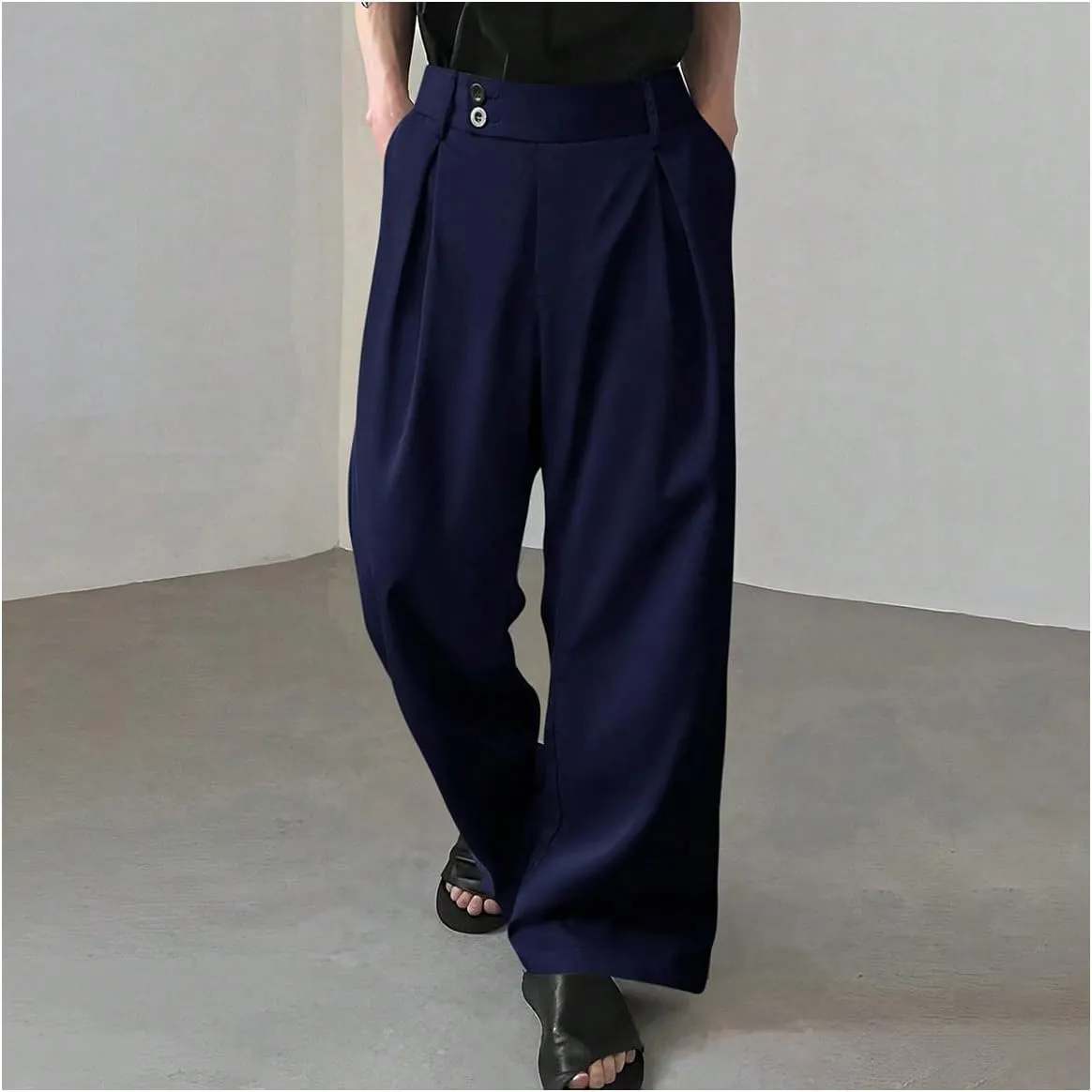 OYOANGLE Men's Pleated High Waist Wide Leg Pants Loose Fit Casual Pants with Pocket