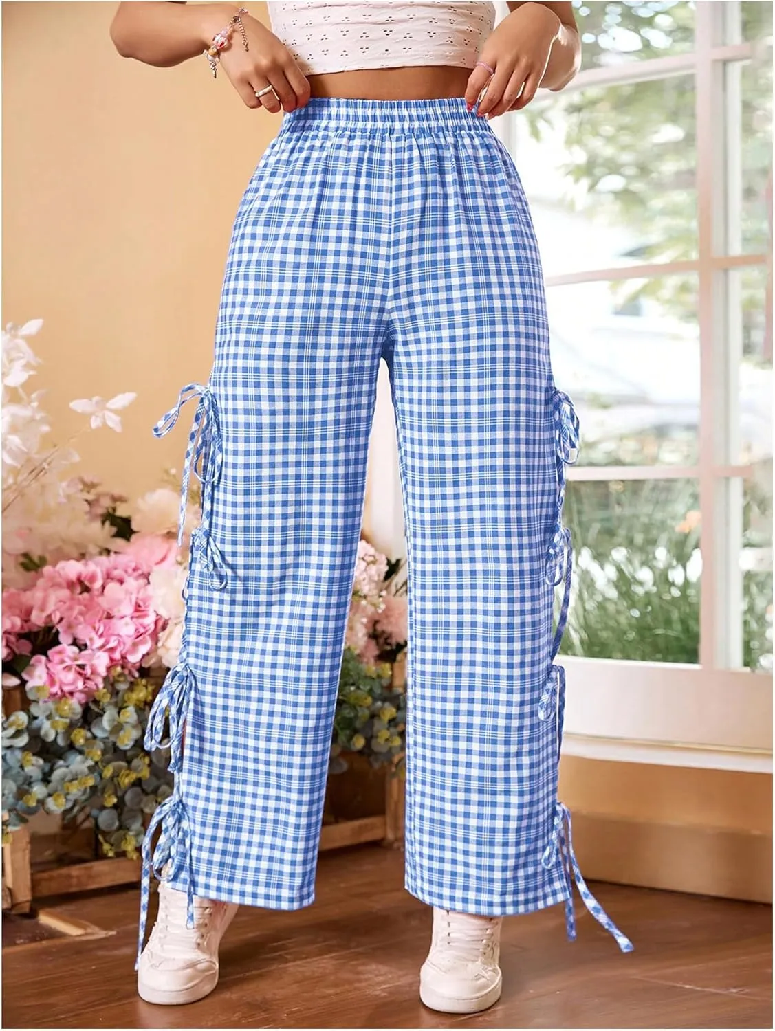 OYOANGLE Women's Plaid Print Tie Side Casual Pants High Elastic Waist Straight Leg Trousers