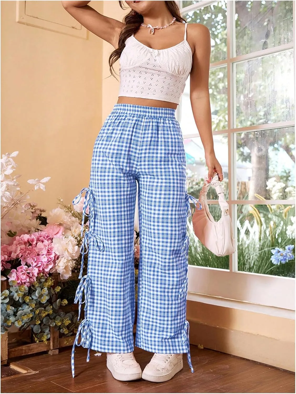 OYOANGLE Women's Plaid Print Tie Side Casual Pants High Elastic Waist Straight Leg Trousers