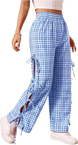 OYOANGLE Women's Plaid Print Tie Side Casual Pants High Elastic Waist Straight Leg Trousers