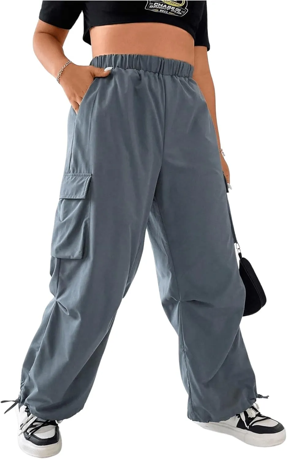 OYOANGLE Women's Plus Size Elastic High Waist Flap Pocket Cargo Pants Streetwear Loose Baggy Trousers with Pocket