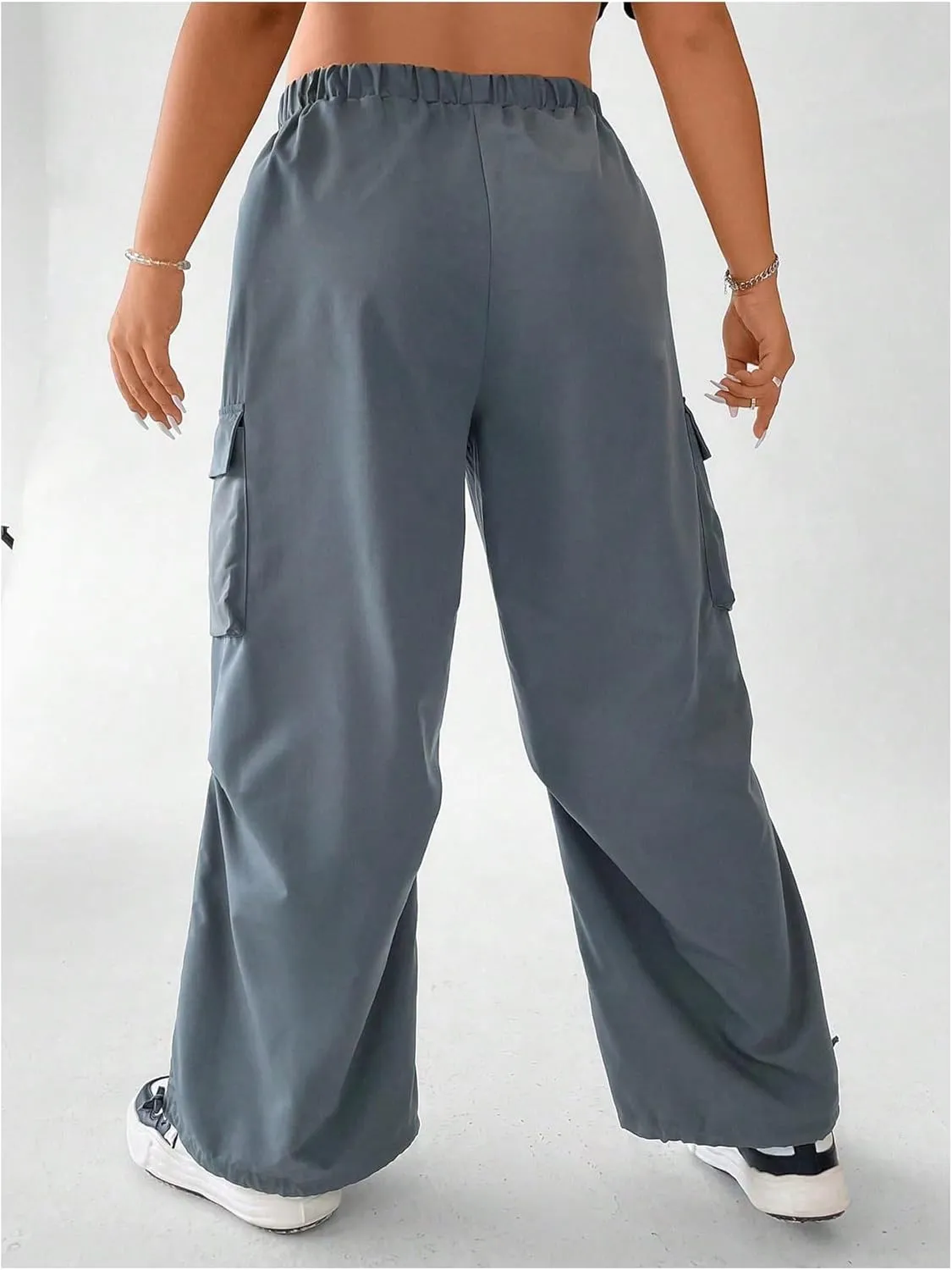 OYOANGLE Women's Plus Size Elastic High Waist Flap Pocket Cargo Pants Streetwear Loose Baggy Trousers with Pocket