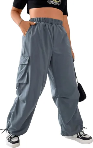 OYOANGLE Women's Plus Size Elastic High Waist Flap Pocket Cargo Pants Streetwear Loose Baggy Trousers with Pocket