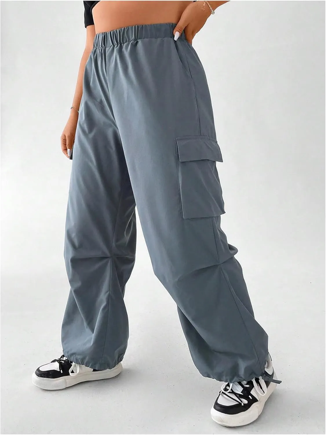OYOANGLE Women's Plus Size Elastic High Waist Flap Pocket Cargo Pants Streetwear Loose Baggy Trousers with Pocket