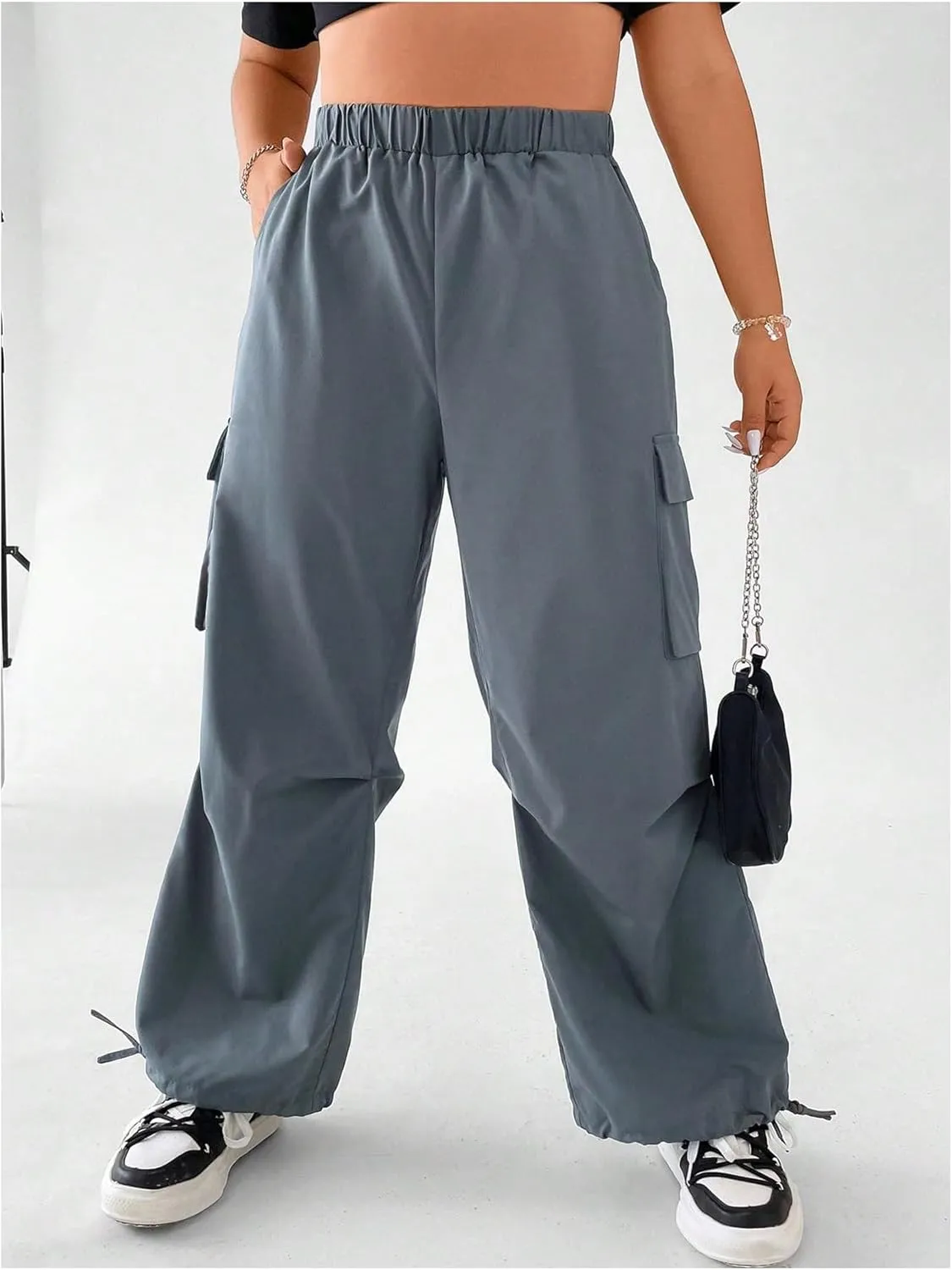 OYOANGLE Women's Plus Size Elastic High Waist Flap Pocket Cargo Pants Streetwear Loose Baggy Trousers with Pocket