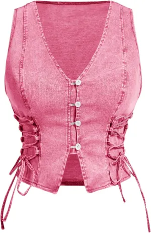 OYOANGLE Women's Plus Size Vintage Lace Up Denim Vest Top Button Front V Neck Jean Tank Tops