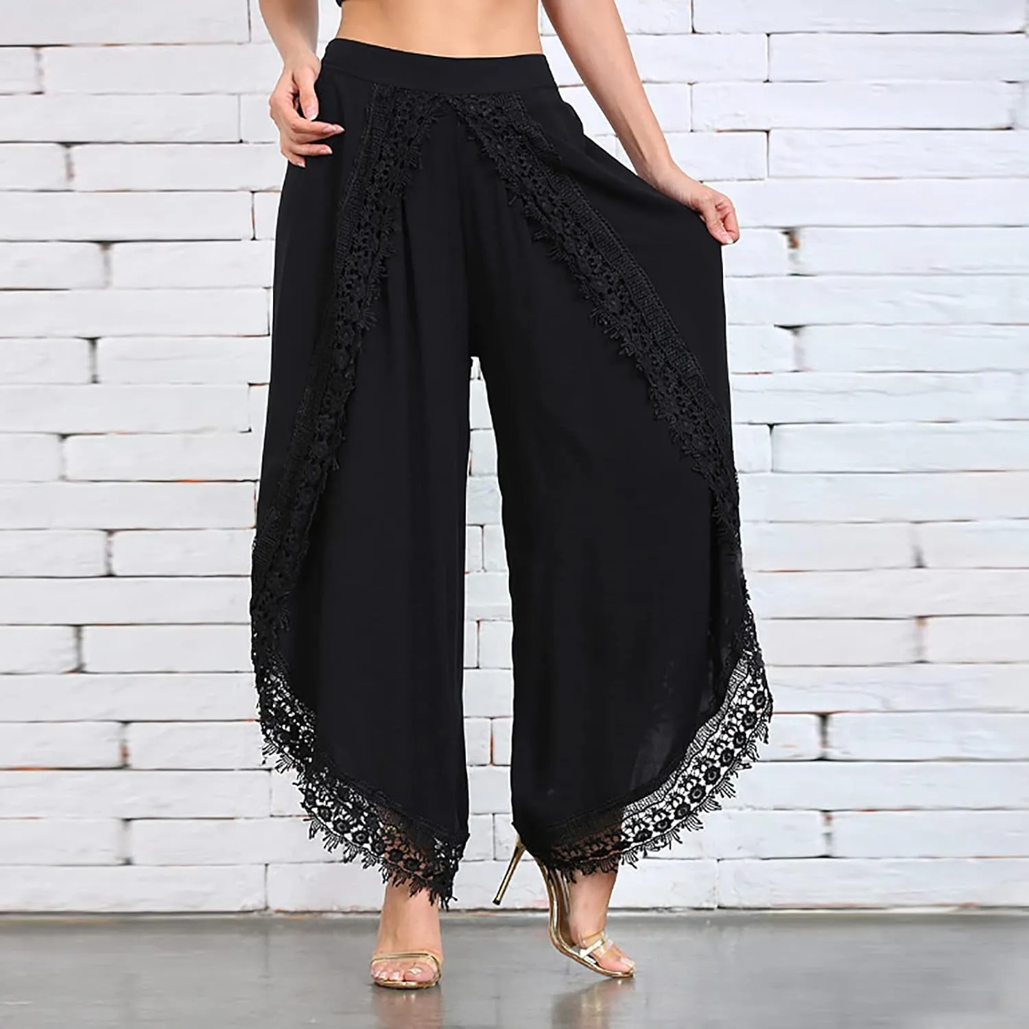 Palazzo Pants Women High Waist Wide Leg Boho Harem Yoga Pants Summer Irregular Lace Hippie Culottes Cropped Trousers