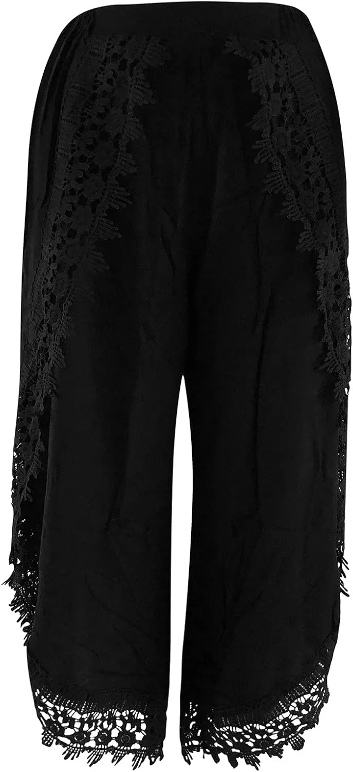 Palazzo Pants Women High Waist Wide Leg Boho Harem Yoga Pants Summer Irregular Lace Hippie Culottes Cropped Trousers