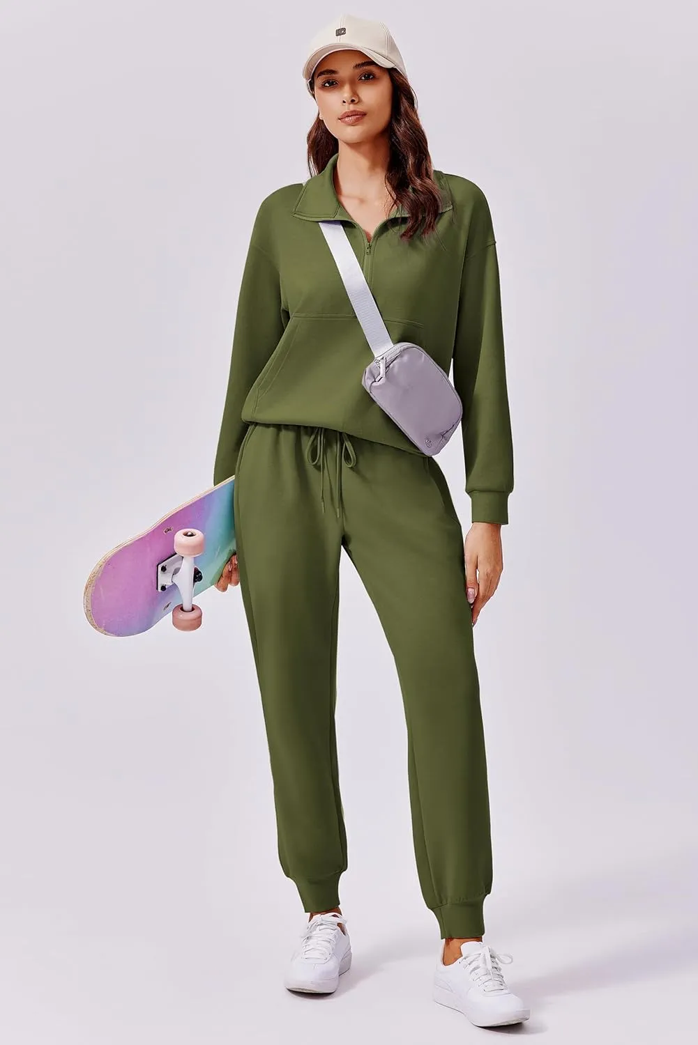 PINSPARK 2 Piece Sets for Women 2024 Fall Travel Outfits Long Sleeve Tracksuit Joggers Sets Half Zip Sweatsuit Matching Set