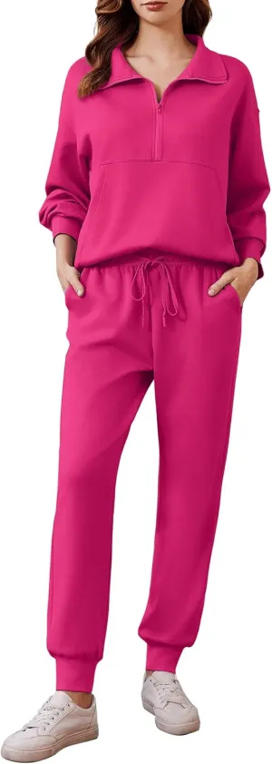 PINSPARK 2 Piece Sets for Women 2024 Fall Travel Outfits Long Sleeve Tracksuit Joggers Sets Half Zip Sweatsuit Matching Set