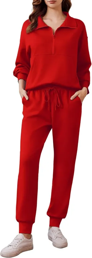 PINSPARK 2 Piece Sets for Women 2024 Fall Travel Outfits Long Sleeve Tracksuit Joggers Sets Half Zip Sweatsuit Matching Set