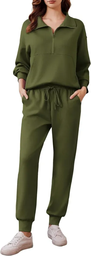 PINSPARK 2 Piece Sets for Women 2024 Fall Travel Outfits Long Sleeve Tracksuit Joggers Sets Half Zip Sweatsuit Matching Set