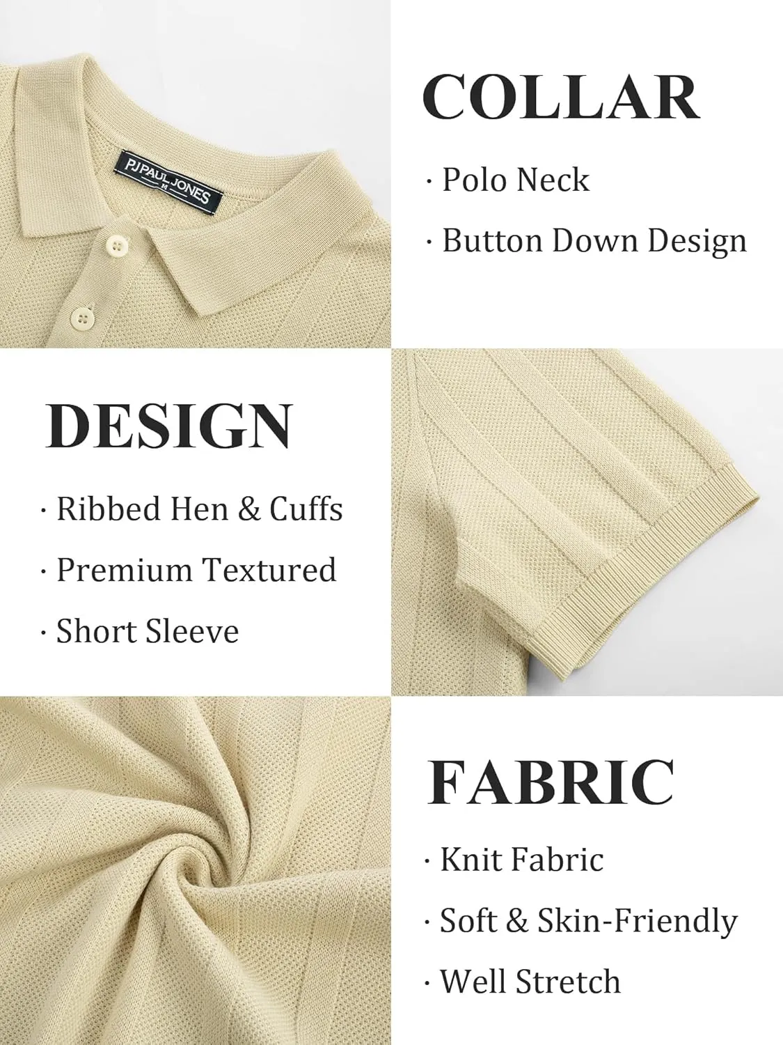 PJ PAUL JONES Mens Polo Shirts Short Sleeve Textured Knit Polo Shirt Ribbed Casual Golf Shirts