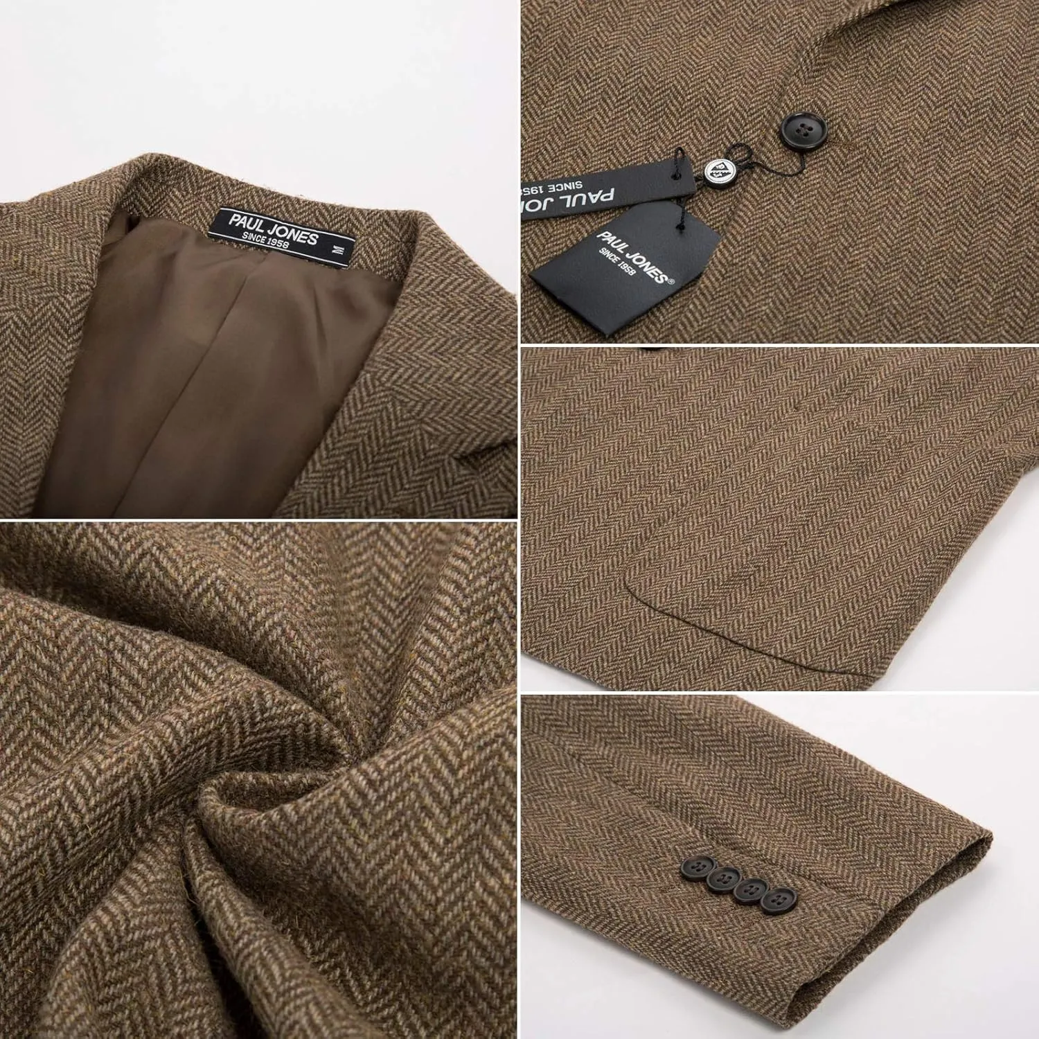 PJ PAUL JONES Mens Tweed Blazer Vintage Wool Blend Blazers Herringbone Two Button Sport Coat