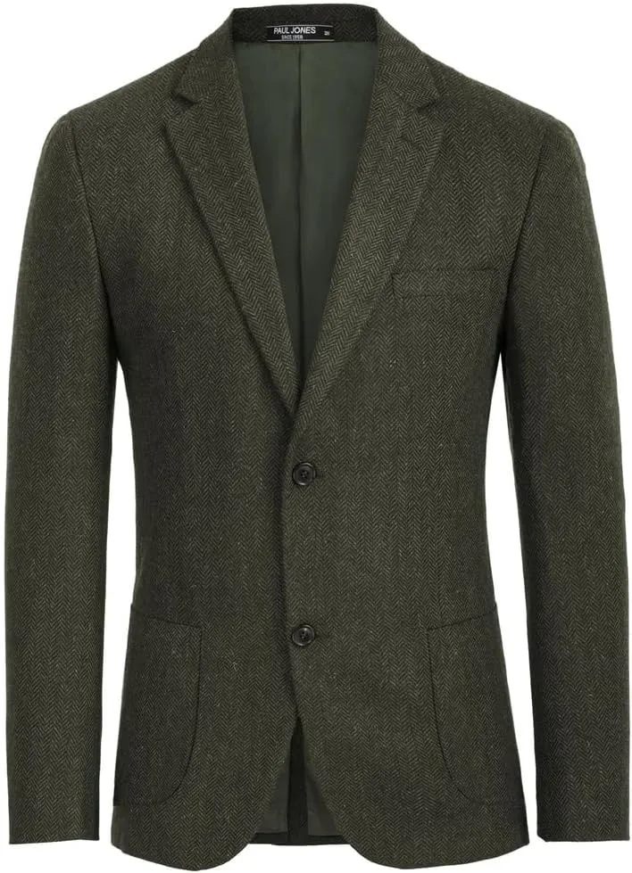PJ PAUL JONES Mens Tweed Blazer Vintage Wool Blend Blazers Herringbone Two Button Sport Coat