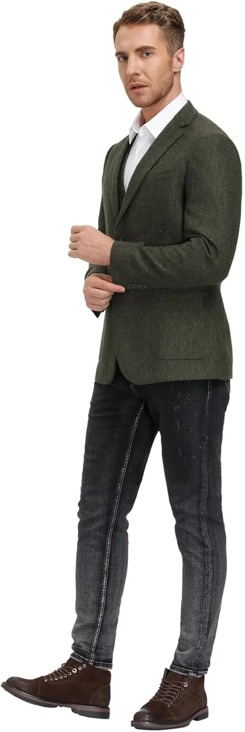 PJ PAUL JONES Mens Tweed Blazer Vintage Wool Blend Blazers Herringbone Two Button Sport Coat