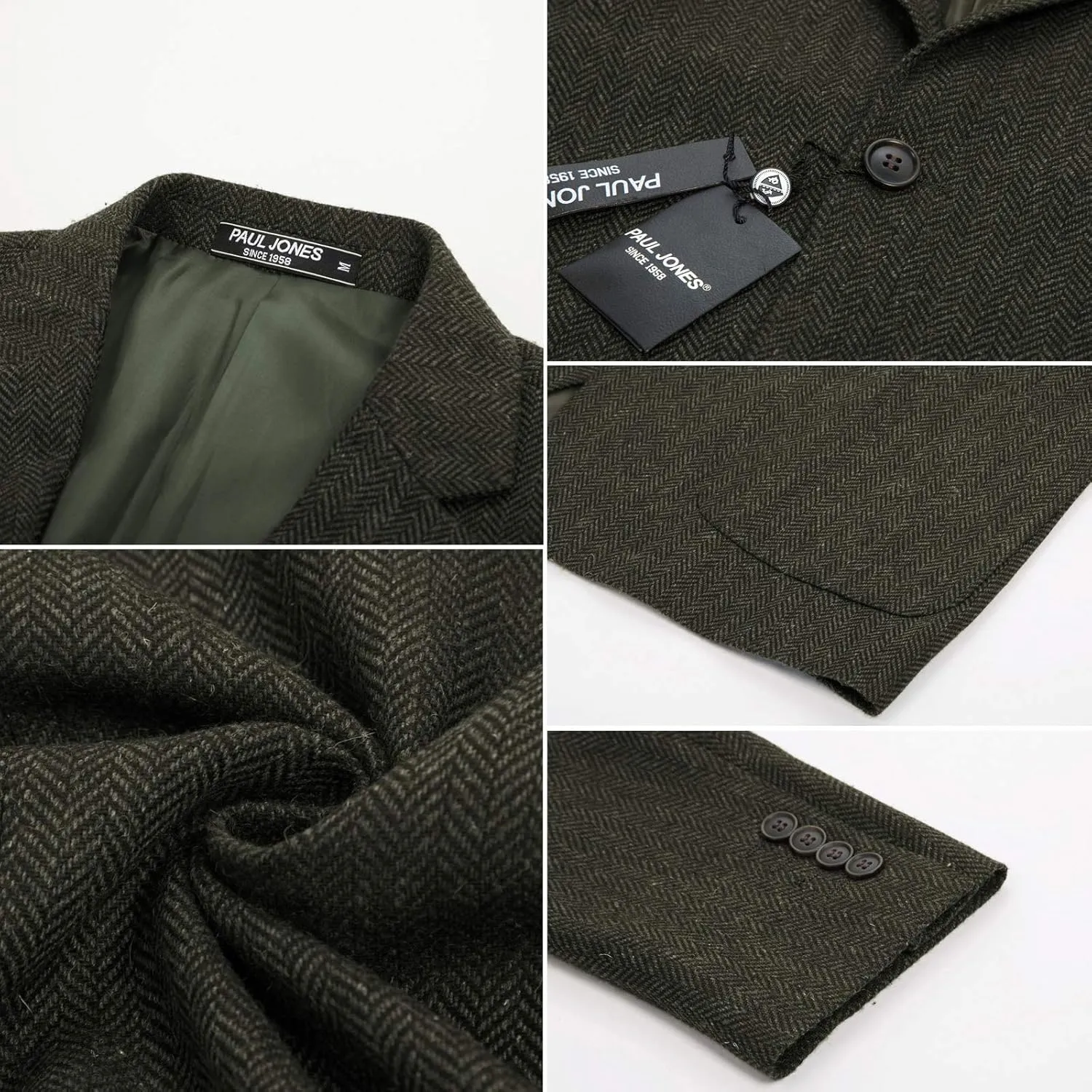 PJ PAUL JONES Mens Tweed Blazer Vintage Wool Blend Blazers Herringbone Two Button Sport Coat