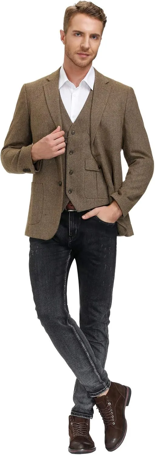 PJ PAUL JONES Mens Tweed Blazer Vintage Wool Blend Blazers Herringbone Two Button Sport Coat