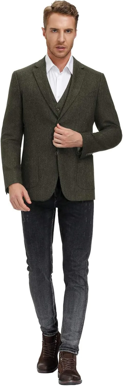 PJ PAUL JONES Mens Tweed Blazer Vintage Wool Blend Blazers Herringbone Two Button Sport Coat