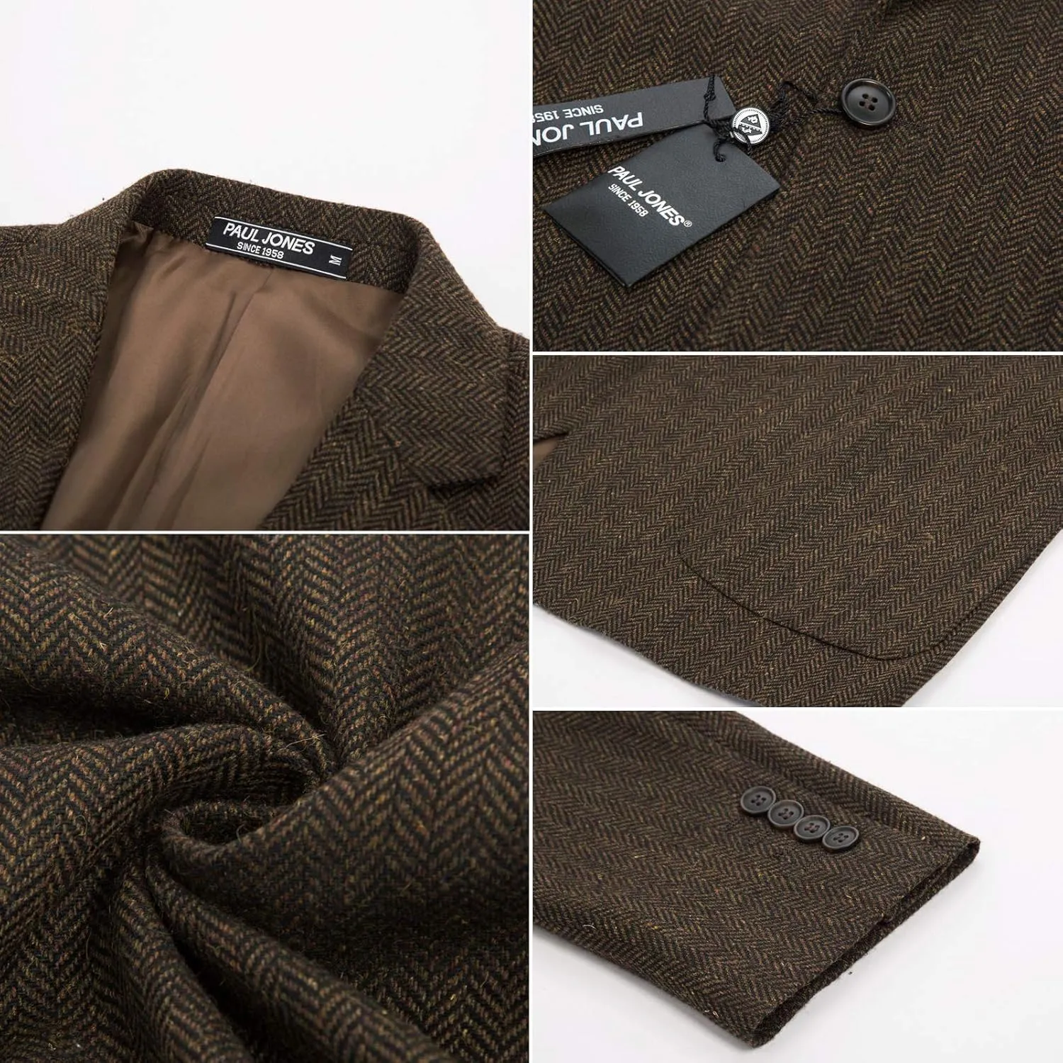 PJ PAUL JONES Mens Tweed Blazer Vintage Wool Blend Blazers Herringbone Two Button Sport Coat