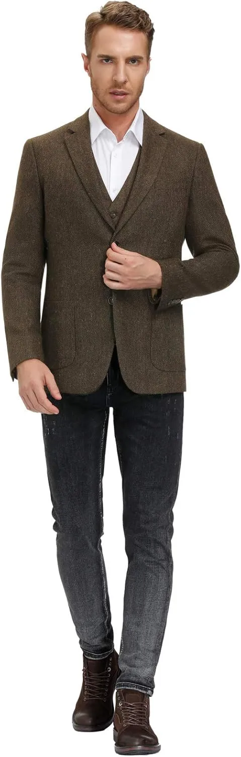PJ PAUL JONES Mens Tweed Blazer Vintage Wool Blend Blazers Herringbone Two Button Sport Coat