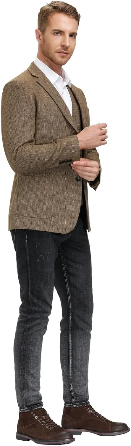 PJ PAUL JONES Mens Tweed Blazer Vintage Wool Blend Blazers Herringbone Two Button Sport Coat