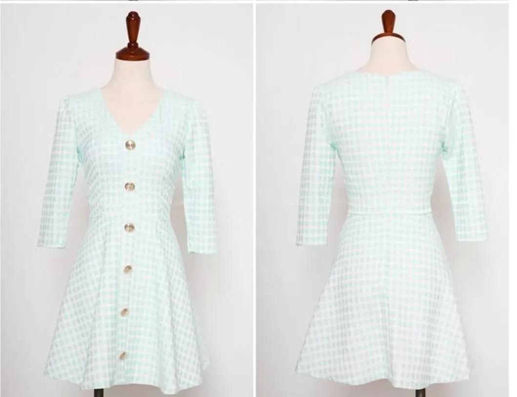 Plaid V Neck Mid Sleeves A Line Skirt