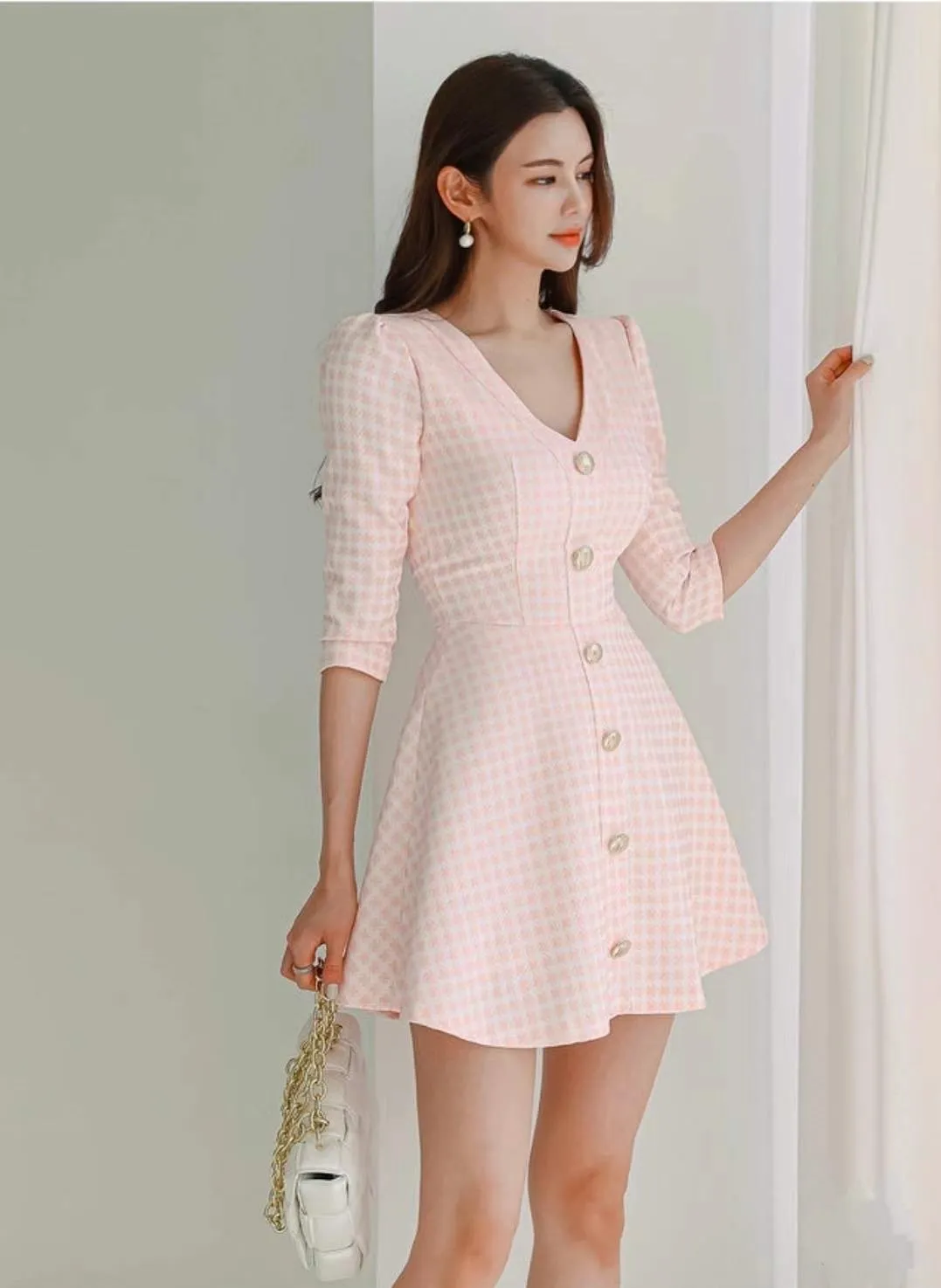 Plaid V Neck Mid Sleeves A Line Skirt