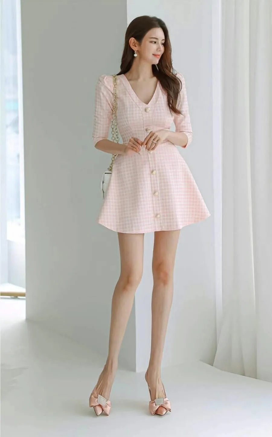 Plaid V Neck Mid Sleeves A Line Skirt