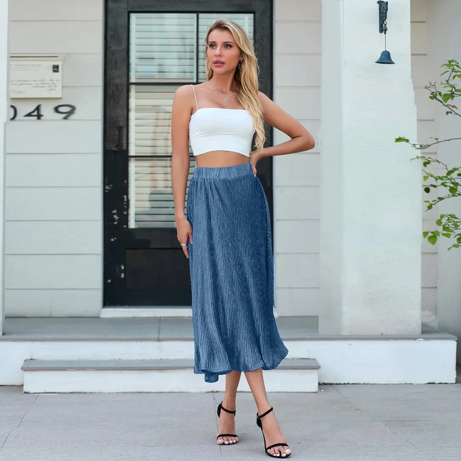 Pleated Skirt for Women Midi High Waisted A-Line Swing Skirt Wrinkle Resistant Lightweight for Casual Elegant Wear