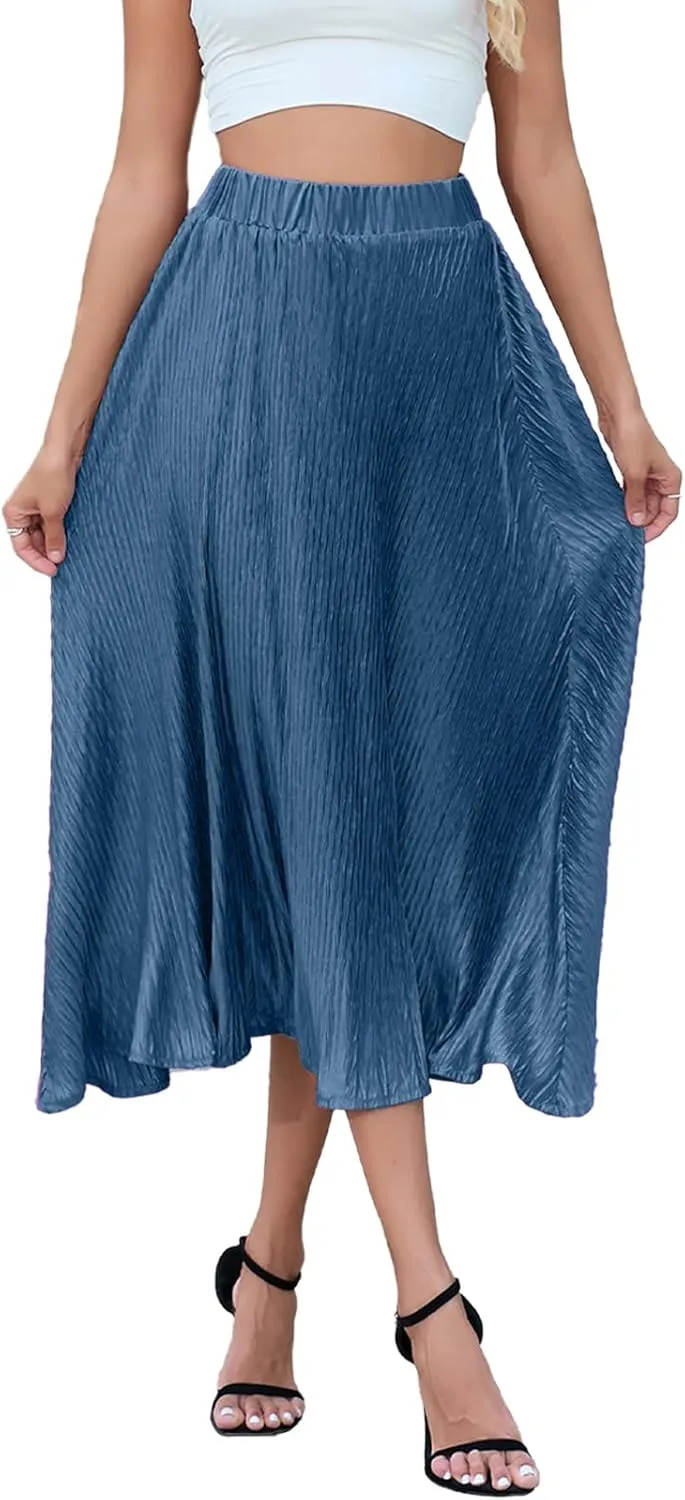 Pleated Skirt for Women Midi High Waisted A-Line Swing Skirt Wrinkle Resistant Lightweight for Casual Elegant Wear