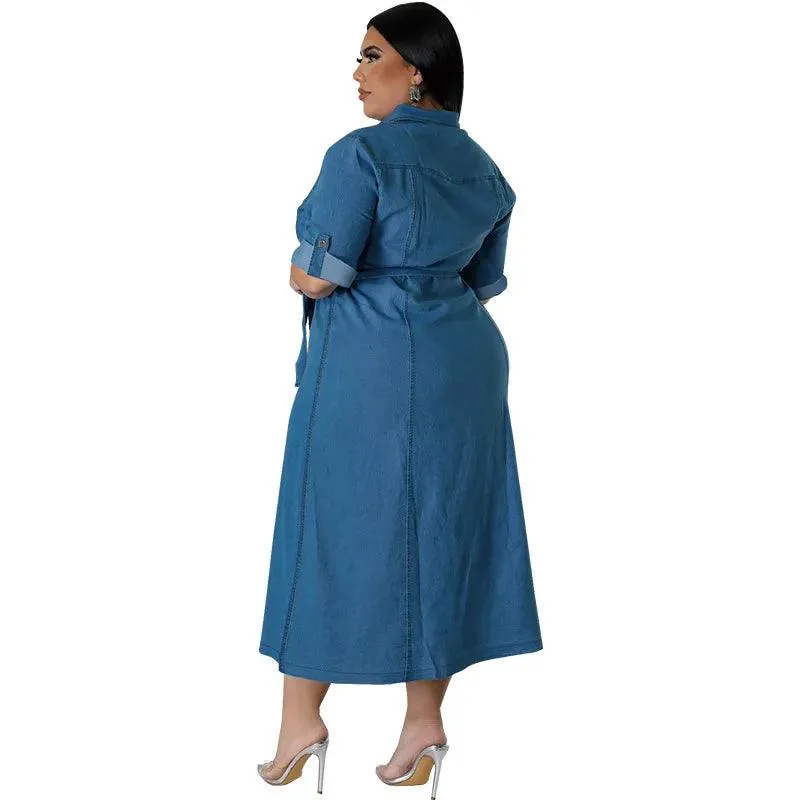 Plus Size Denim Midi Dress – Loose-Fit Street Style for Effortless Comfort