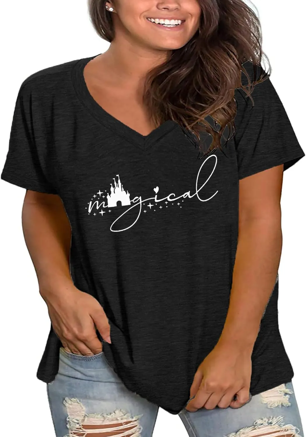 Plus Size Magical Shirts Women Magic Castle V Neck T Shirts Short Sleeve Tshirts Summer Tops