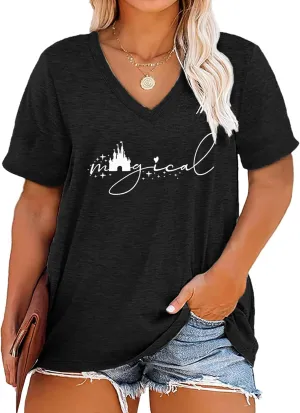 Plus Size Magical Shirts Women Magic Castle V Neck T Shirts Short Sleeve Tshirts Summer Tops