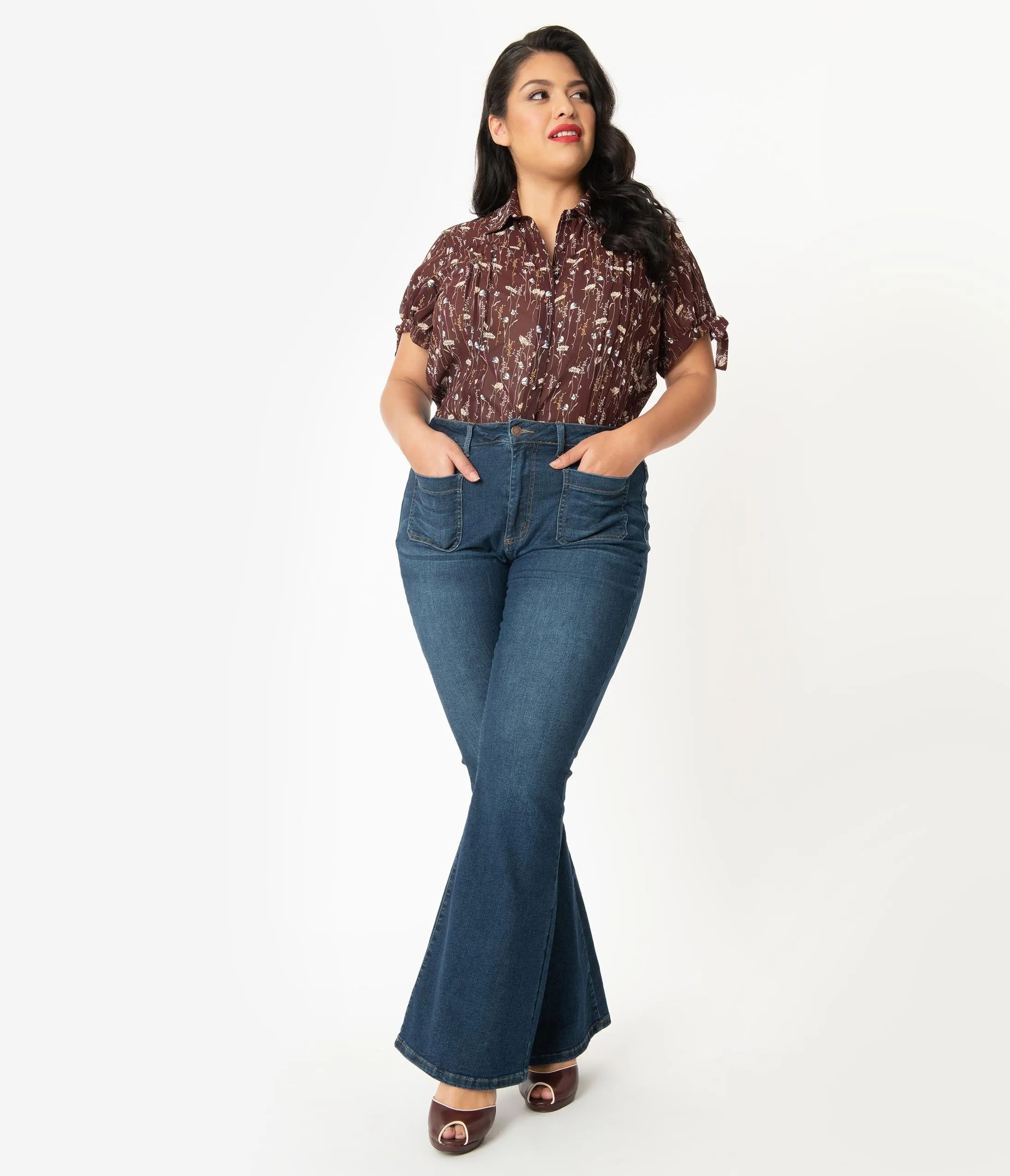 Plus Size Retro Blue Denim Bell Bottom Jeans